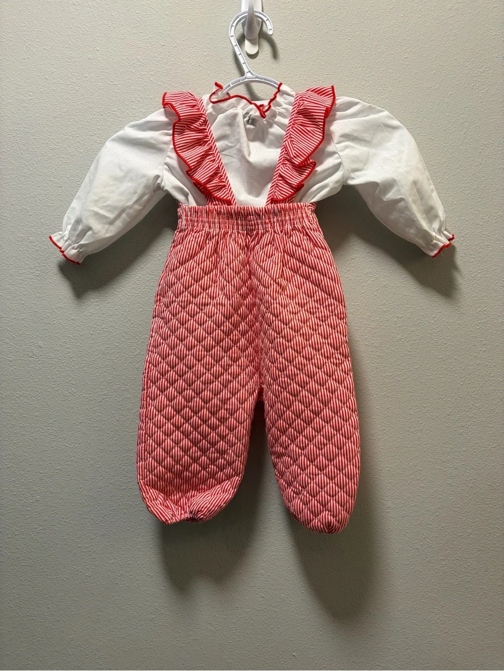 Vintage 80s Handstands Quilted Candy Stripe Ruffle Romper Set - 18 Months USA